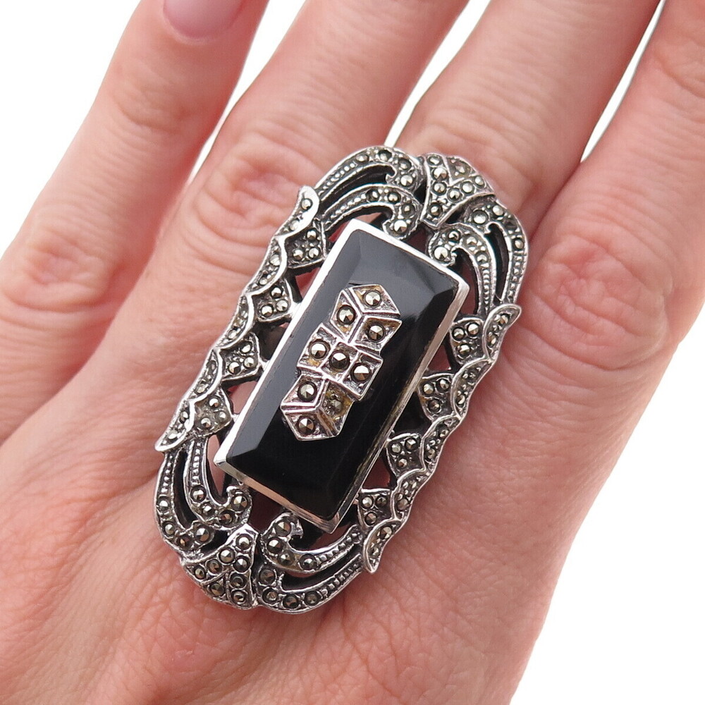 925 Sterling Silver Vintage Real Black Onyx & Marcasite Oxidized Ring Size 5.75